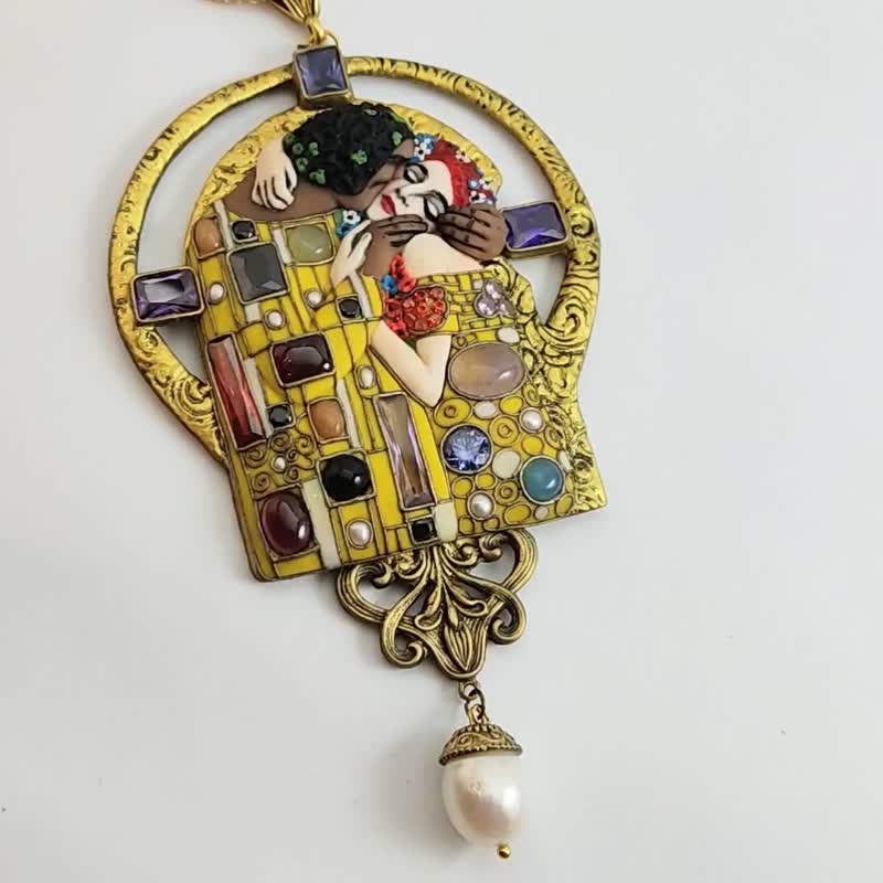 Necklace Klimt Kiss , art nouveau necklace, unusual necklace - 项链 - 粘土 金色
