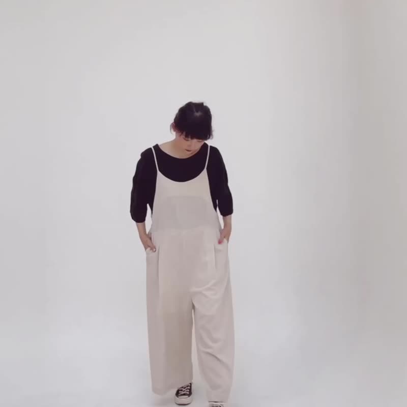 Linen Wide Leg Overalls - Natural Beige - 背带裤/连体裤 - 亚麻 卡其色