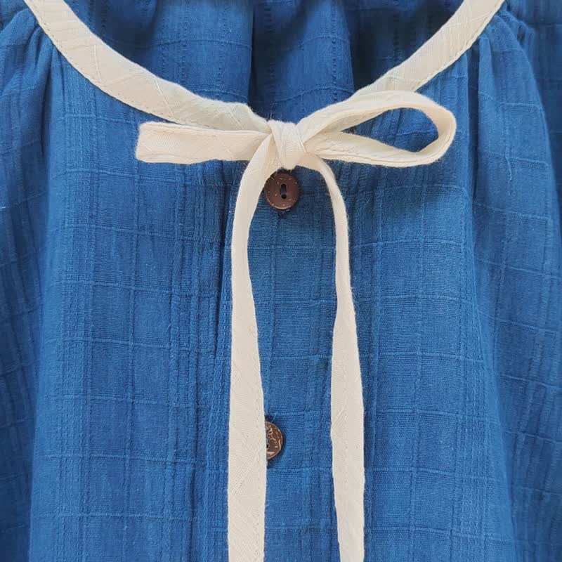 White String - 靛蓝色圆领长袖衬衫 - 女装上衣 - 棉．麻 蓝色