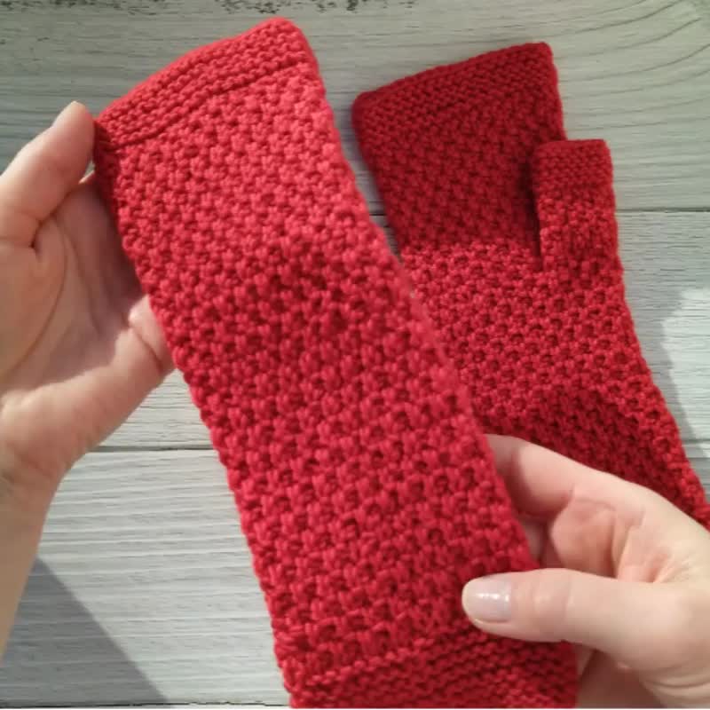 Red fingerless gloves for women, Knitted fingerless gloves handmade, 聖誕禮物包裝 - 手套 - 羊毛 红色