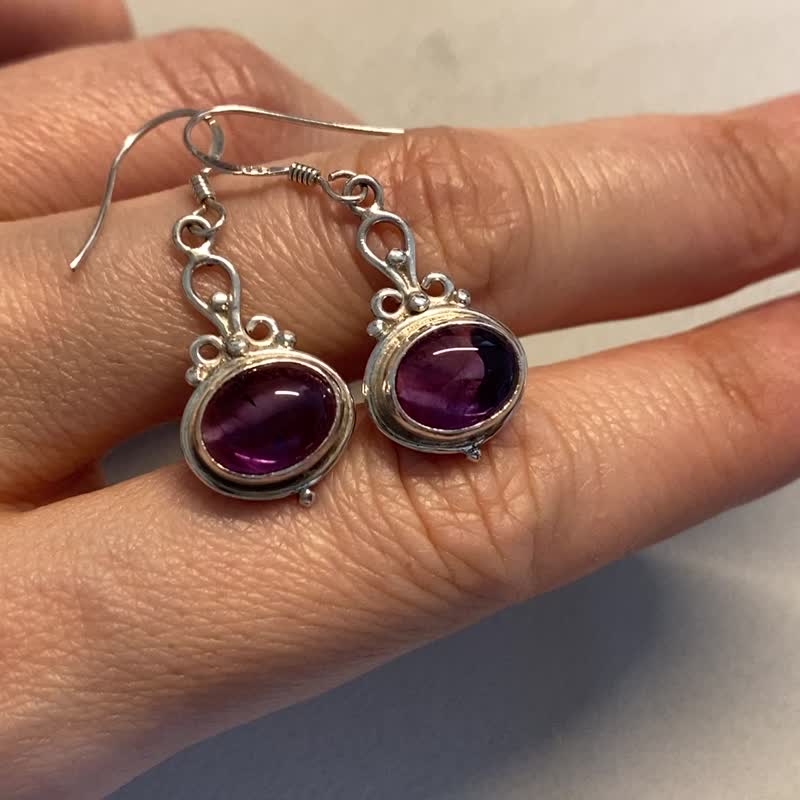 天然 紫水晶 耳环 耳饰 可改夹式 尼泊尔 手工制 925纯银 - 耳环/耳夹 - 水晶 紫色