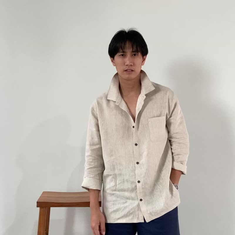Blue & J Natural Linen Shirt Front Pocket Minimal Shirt - Natural Color - 男装衬衫 - 亚麻 白色