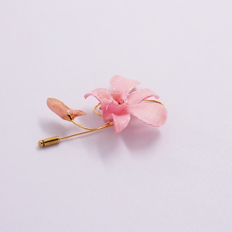花蕾装饰石斛兰胸针（粉色） - 徽章/别针 - 植物．花 粉红色