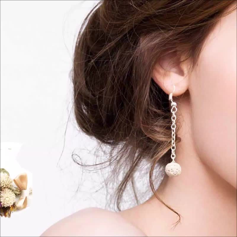 香氛石耳环 米白香氛石 长版垂坠耳洞式 可注入精油香水 手工耳环 - 耳环/耳夹 - 石头 白色