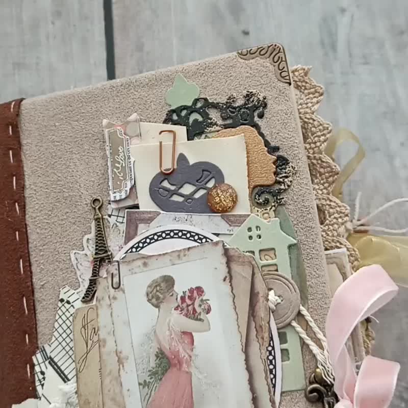 Vintage romantic junk journal handmade Heritage family story book elegant thick - 笔记本/手帐 - 纸 粉红色