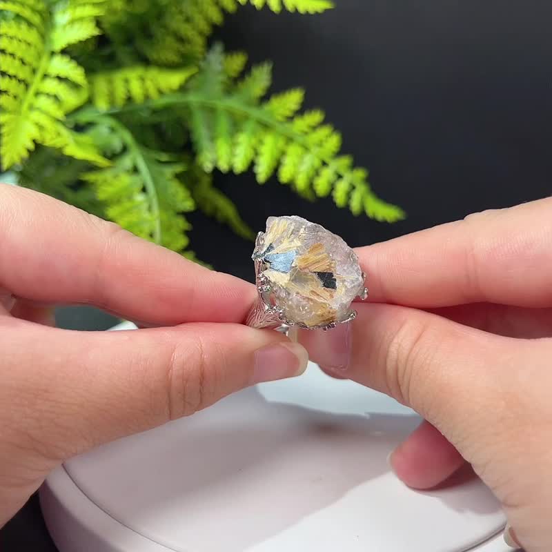 金钛晶活口戒指 随形金色发丝水晶原石标本矿物复古指环 S925银 - 戒指 - 水晶 金色