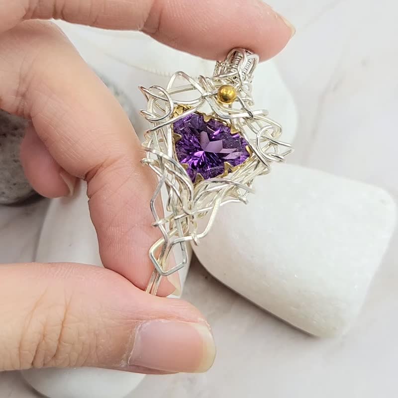 紫菱 999纯银 手工绕线 宝石刻面 紫晶 纯银颈链 - 项链 - 半宝石 