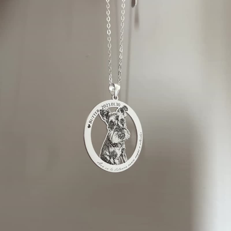 纯银照片影雕项链 (外框圆) 毛小孩 生日礼物 定制 猫狗 纪念 - 项链 - 纯银 银色