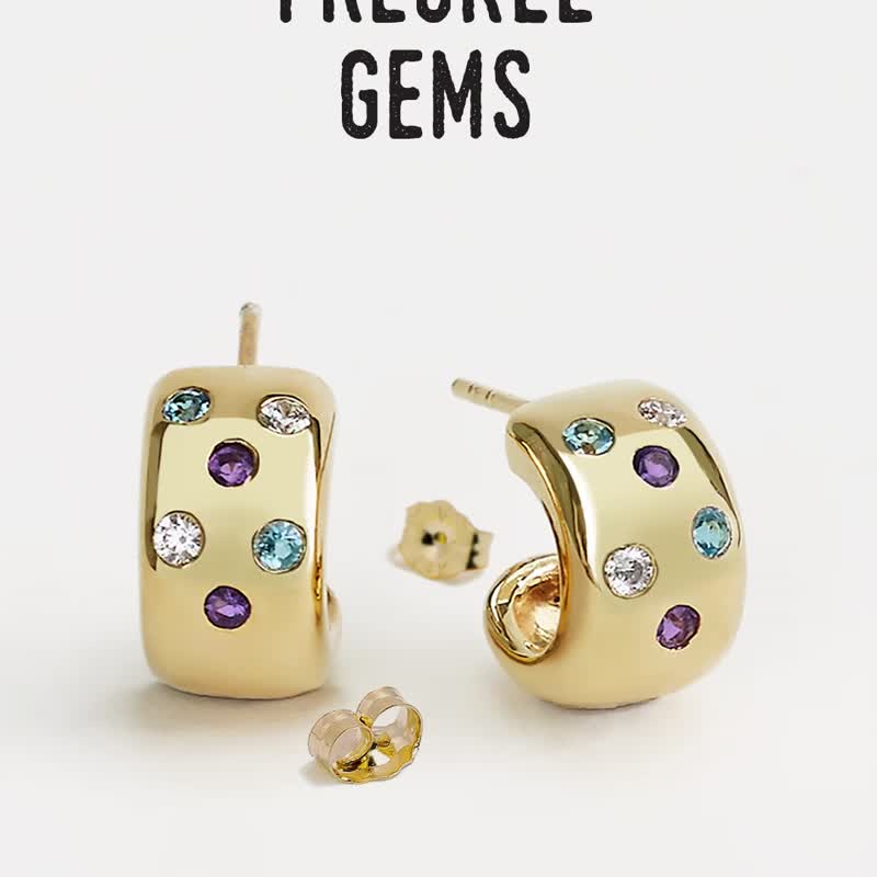 雀斑宝石环 结合了3种不同颜色和类型的宝石 - 耳环/耳夹 - 纯银 金色