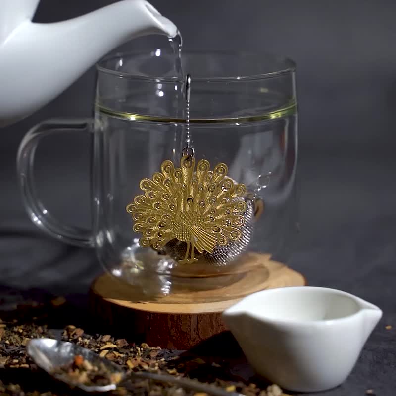01LIV不锈钢滤茶器CHICHI滤茶球原创设计吊饰 孔雀金色附瓷碗泡茶