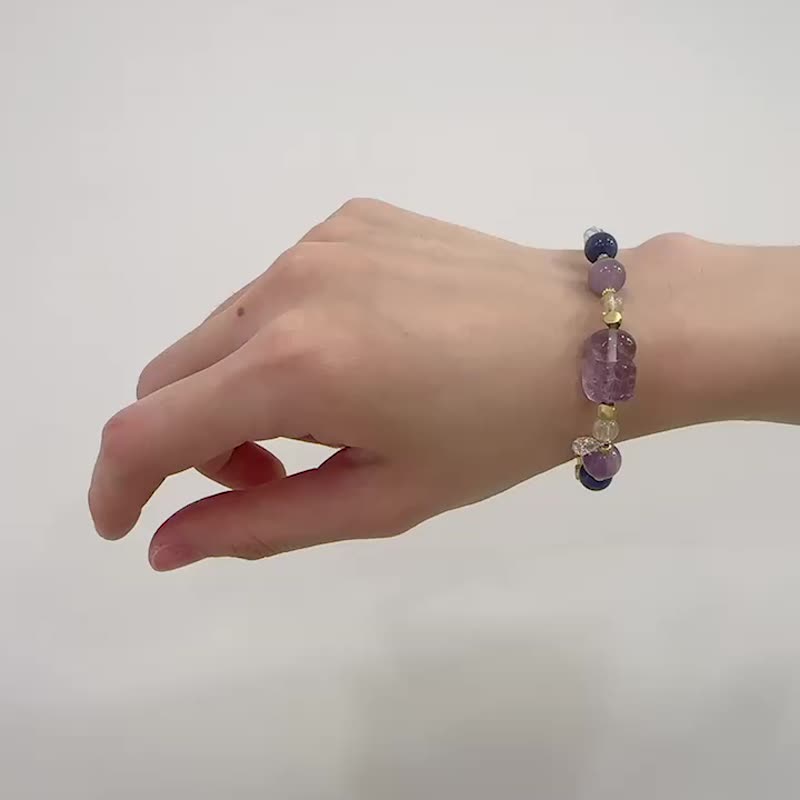 紫水晶貔貅手串 // 紫玉蓝玉髓月光石钛晶黄铜手链 - 手链/手环 - 铜/黄铜 紫色