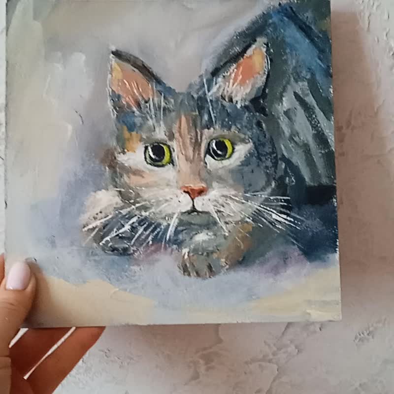 灰猫画 原创艺术油画 宠物肖像画 20*20cm - 海报/装饰画/版画 - 其他材质 灰色