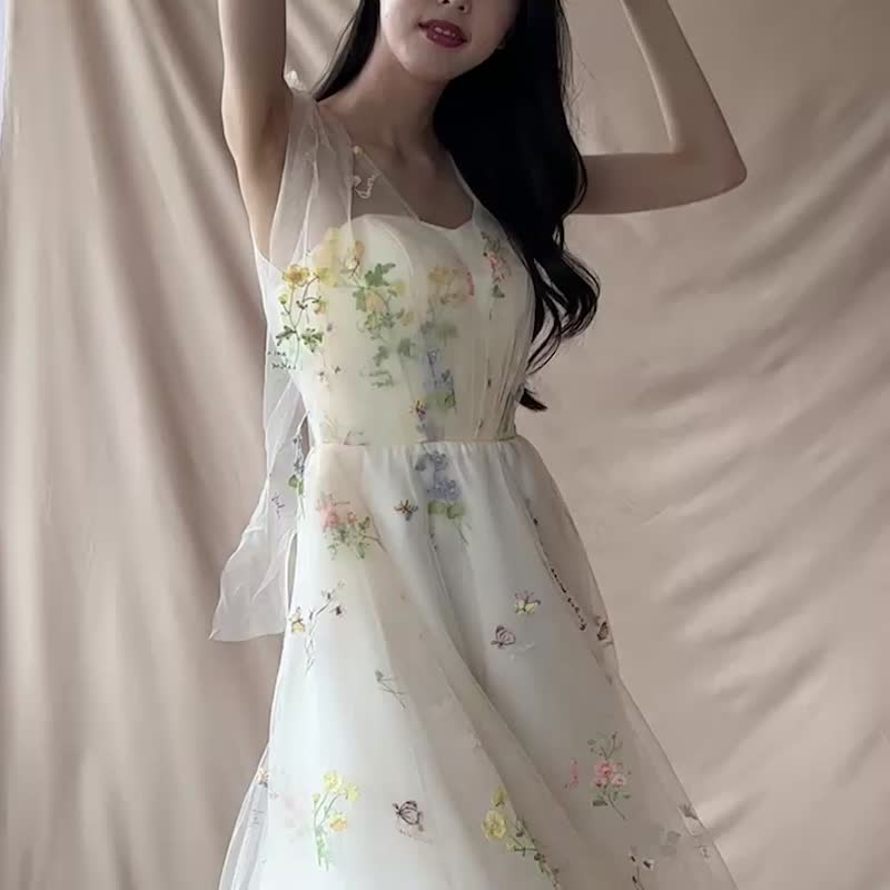 【Sample Sale】Dahlia Blanc 独家设计 花朵刺绣茶歇裙短婚 - 晚装/礼服 - 其他材质 多色