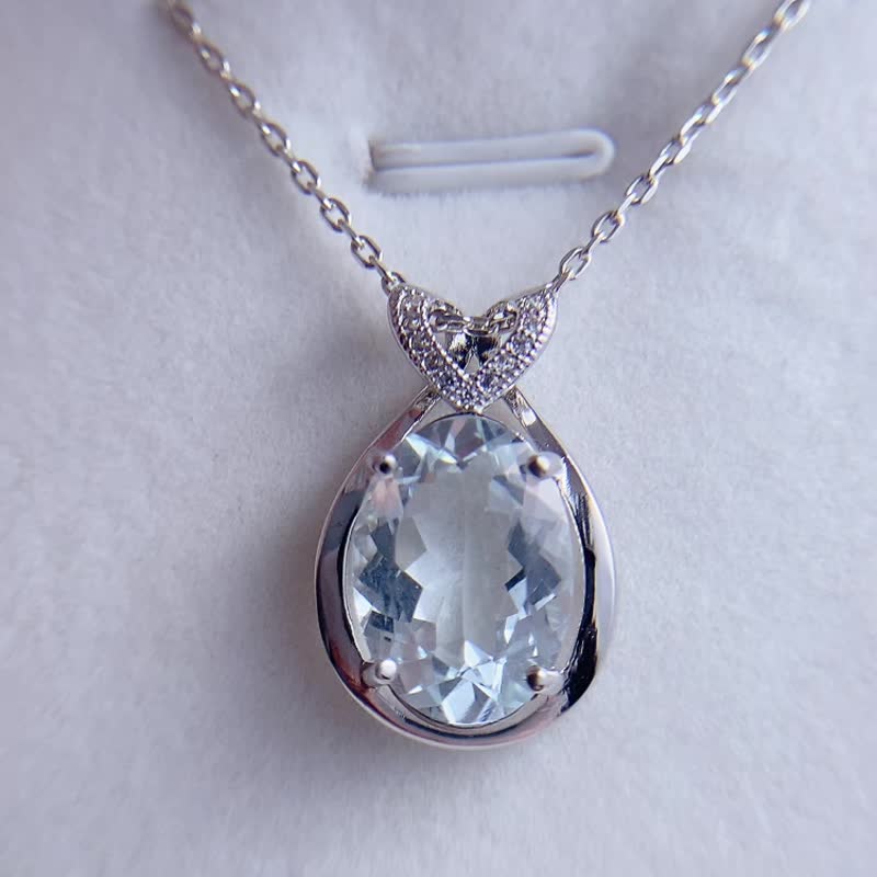 天然海蓝宝 净透精品级 小爱心造型海蓝宝项链 4.68克拉 925纯银 - 项链 - 宝石 透明