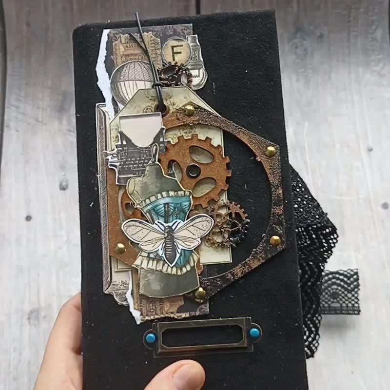 Steampunk junk journal Vintage mechanical notebook Romantic diary handmade - 笔记本/手帐 - 纸 黑色